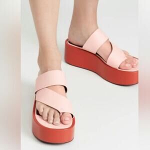 Staud Fly Chunky Platform Slide Sandal Red Pink Colorblock Goat Leather 37 / 7